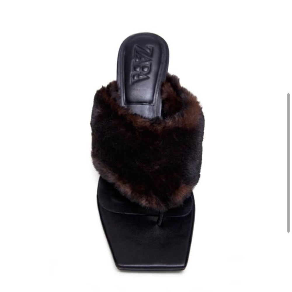 Zara Black Squared Toe Faux Fur Mules Heeled Thong Sandals Heels Sz 6.5 - Picture 4 of 14